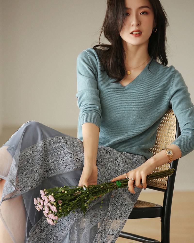 DEER.W緹花網紗拼接中長裙 灰藍