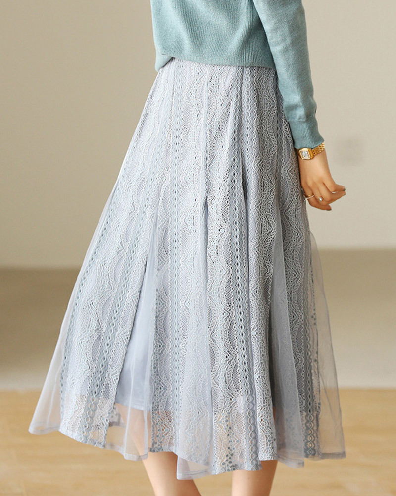 DEER.W緹花網紗拼接中長裙 灰藍