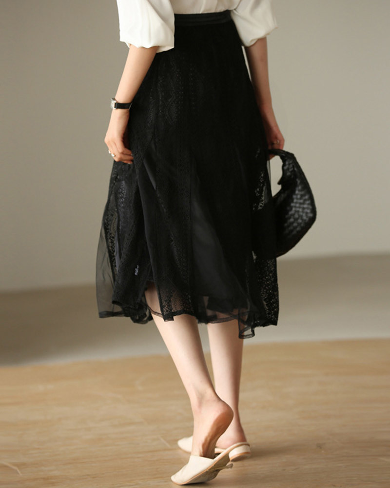 DEER.W緹花網紗拼接中長裙 黑色