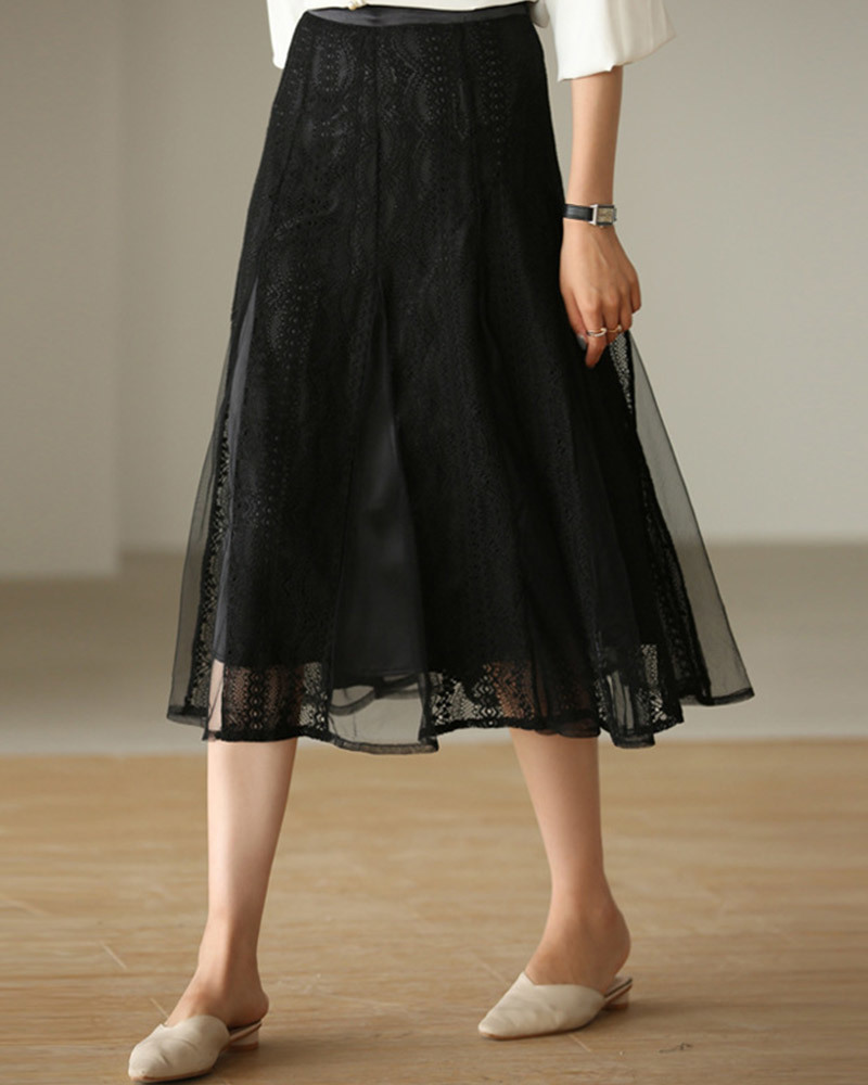 DEER.W緹花網紗拼接中長裙 黑色