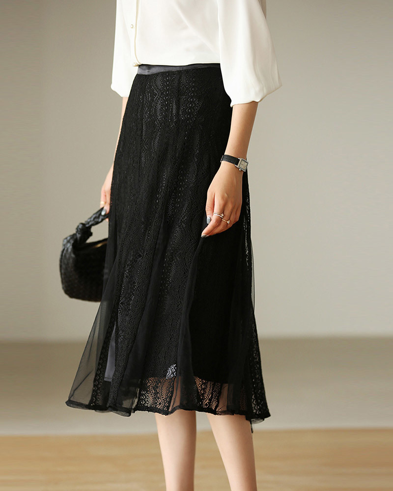 DEER.W緹花網紗拼接中長裙 黑色