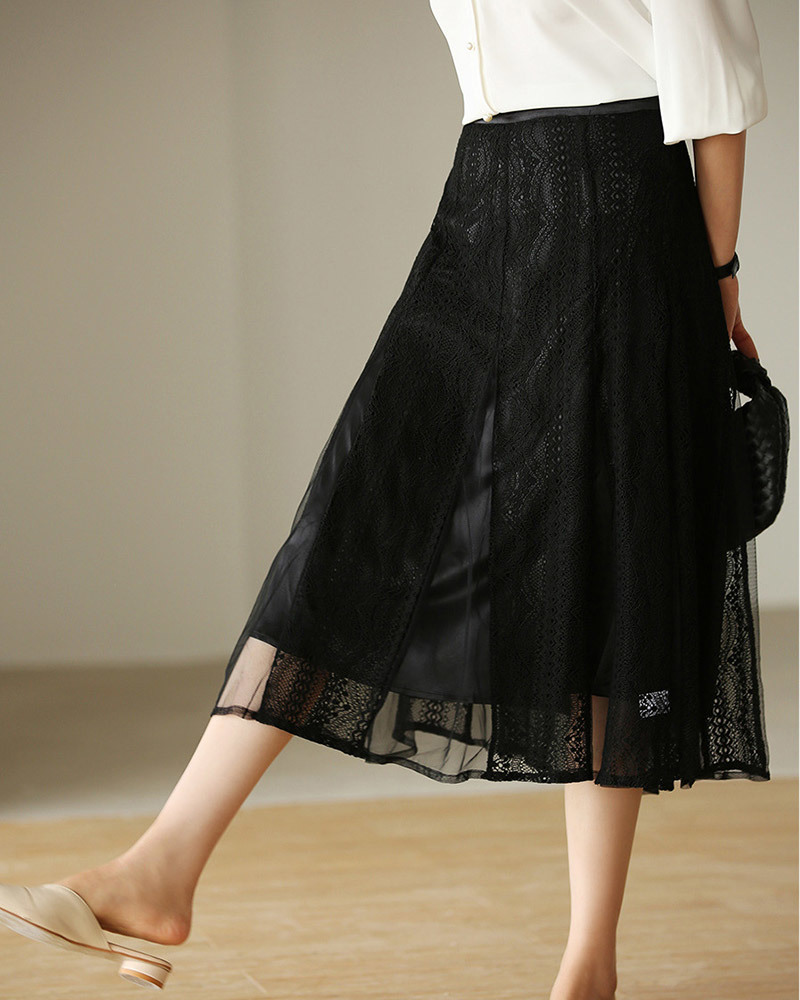DEER.W緹花網紗拼接中長裙 黑色