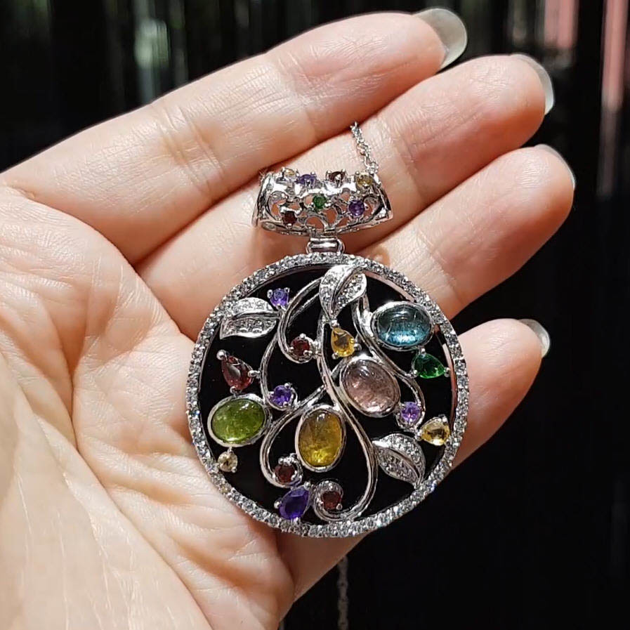 【雅紅珠寶】天然黑瑪瑙+碧璽-項鍊-925銀飾-繁花似錦-N0253