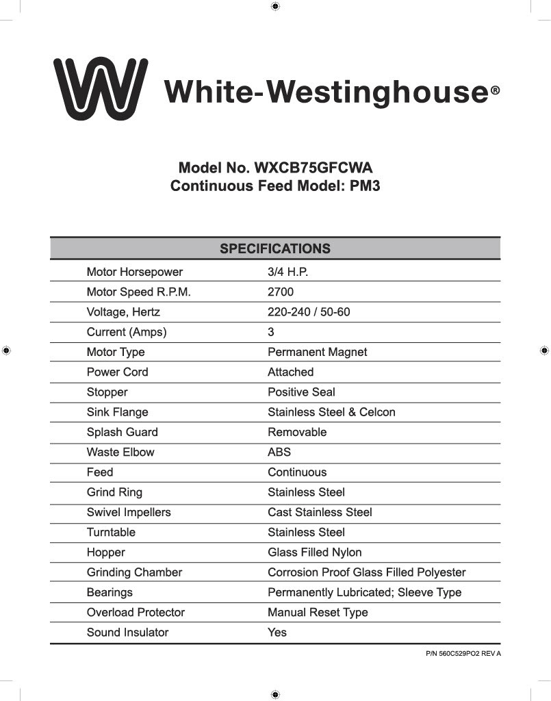 威仕汀Westinghouse 3/4匹廚餘處理器WXCB75GFCWA
