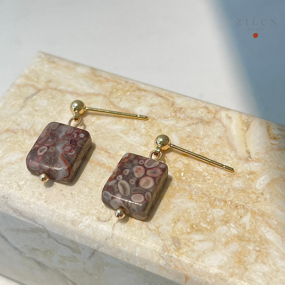 │輕奢│侏儸紀公園 • 方形切割麥飯石 • 耳針耳夾 • 14K注金 • 14kgf