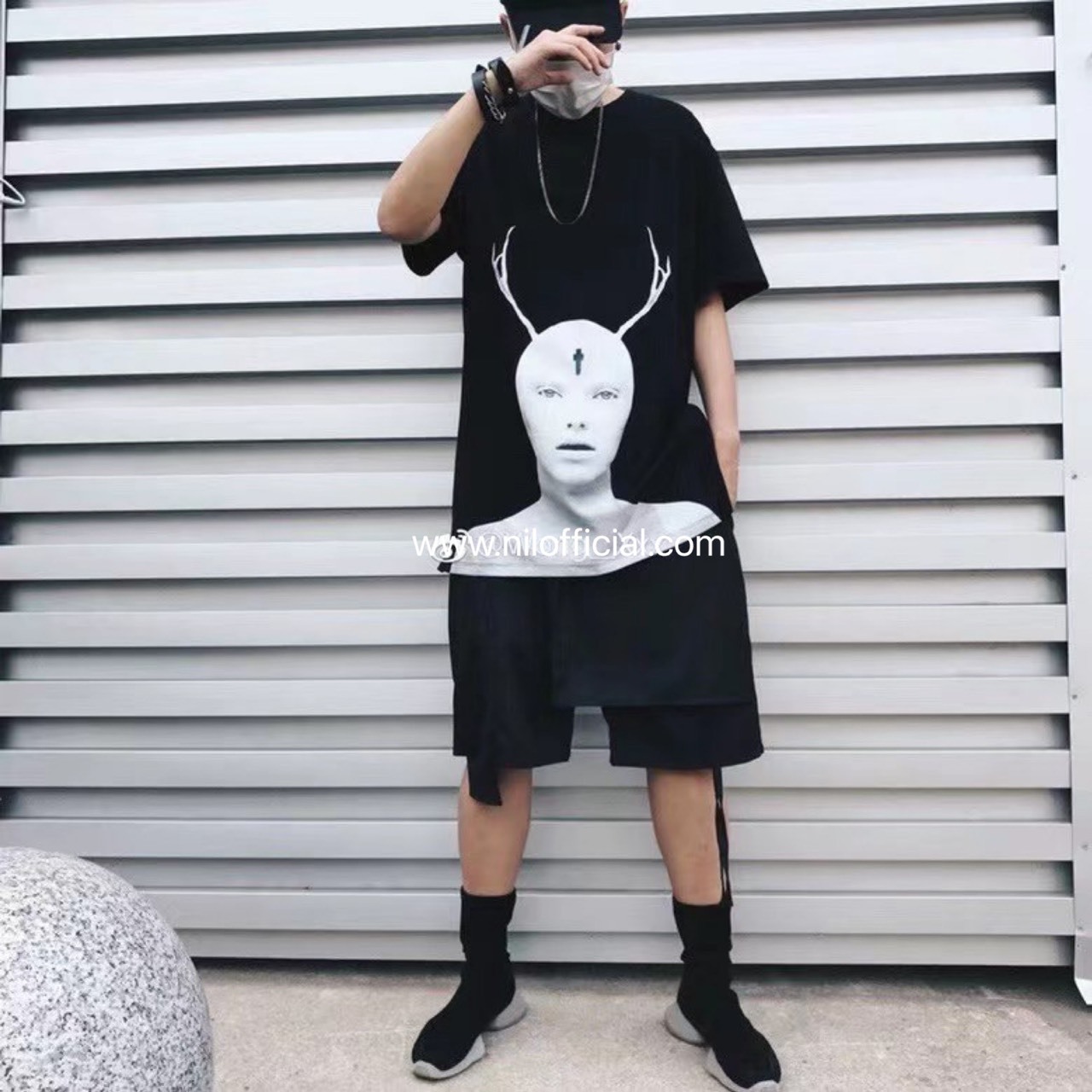 Less than 50% off General Agent Weapons Classic Style Antlers Portrait Large Loose Short Sleeve T Dark Black Street Wear Male Female