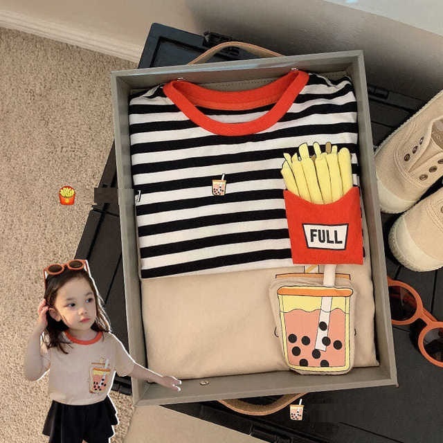 立體珍奶/薯條條紋上衣