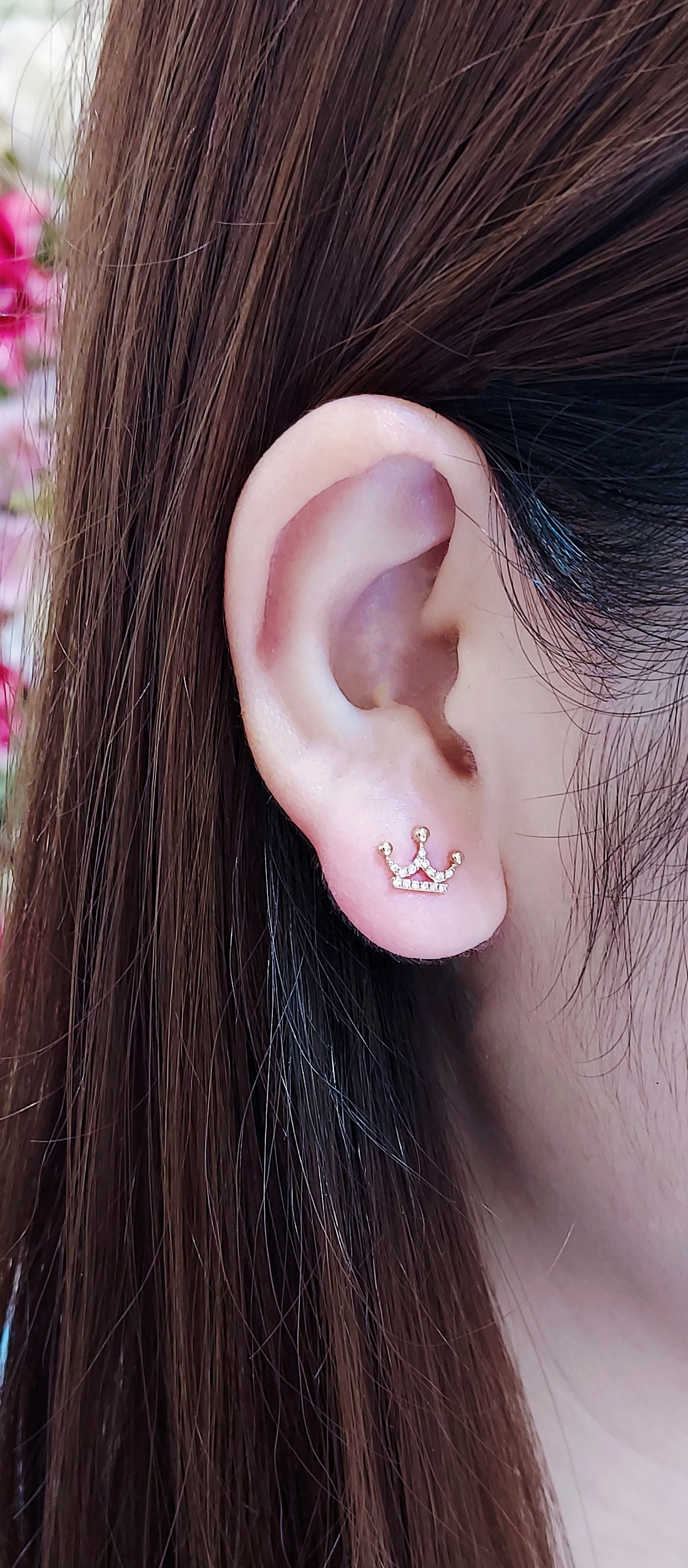 18K玫瑰金天然鑽石皇冠耳環