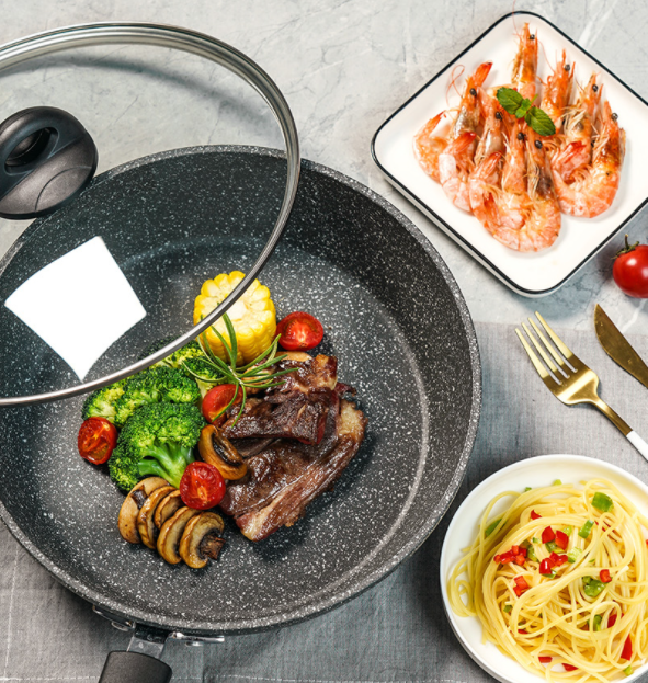 【三能大理石不沾复合金属锅】不沾炒锅 Sanneng Non Stick Deep Composite Pan with lid 28cm SN4977