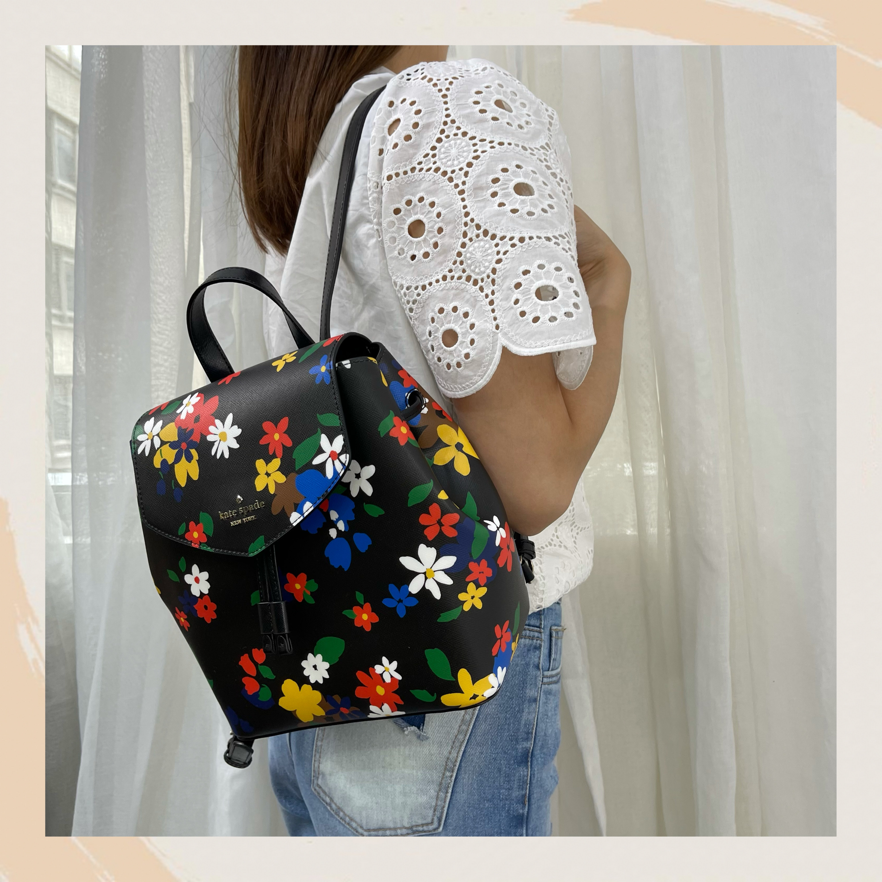 【名牌代購】KATE SPADE LIZZIE SAILING FLORAL MEDIUM FLAP BACKPACK #WKR00381/BLACKMULTI