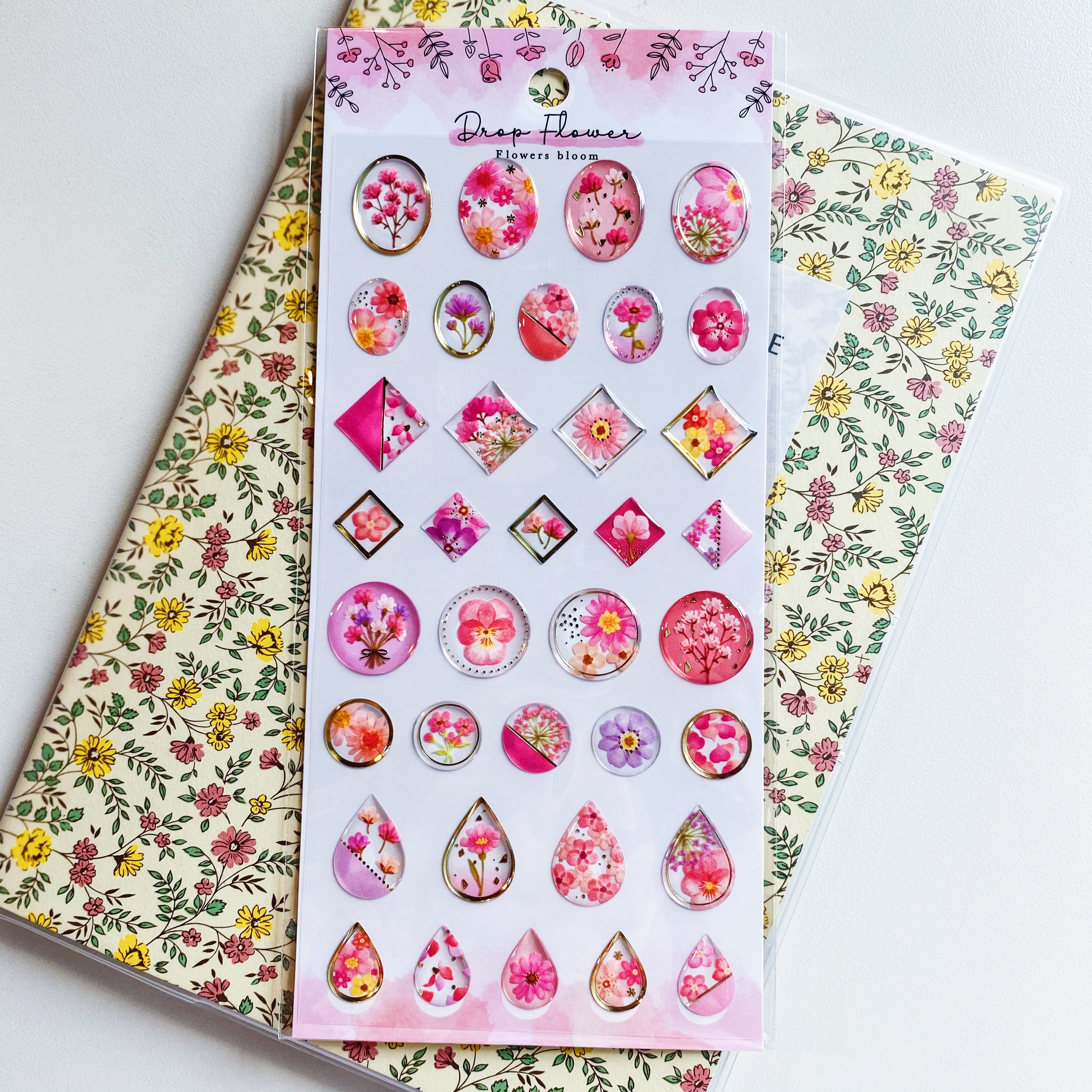 Mind Wave Drop Flower滴膠燙金立體貼紙  粉色