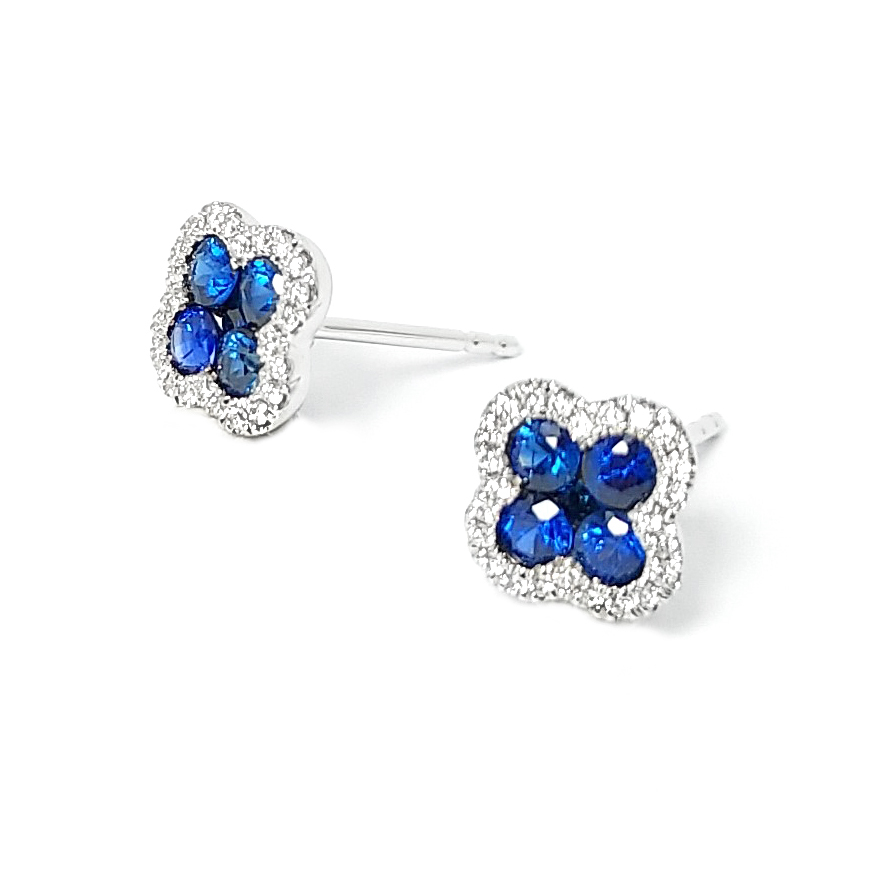 18K白金天然鑽石藍寶石四葉草耳環