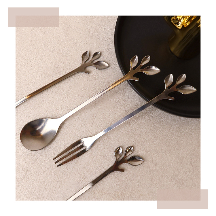 小枝葉特殊造型不鏽鋼咖啡甜品叉勺4件組，叉子與湯匙各二，有金/銀可選
