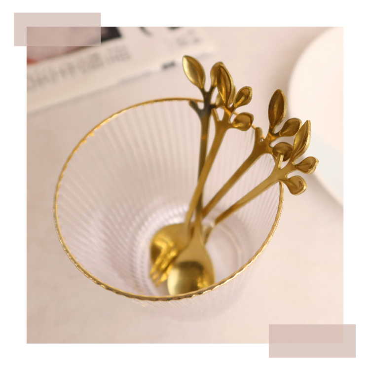 小枝葉特殊造型不鏽鋼咖啡甜品叉勺4件組，叉子與湯匙各二，有金/銀可選