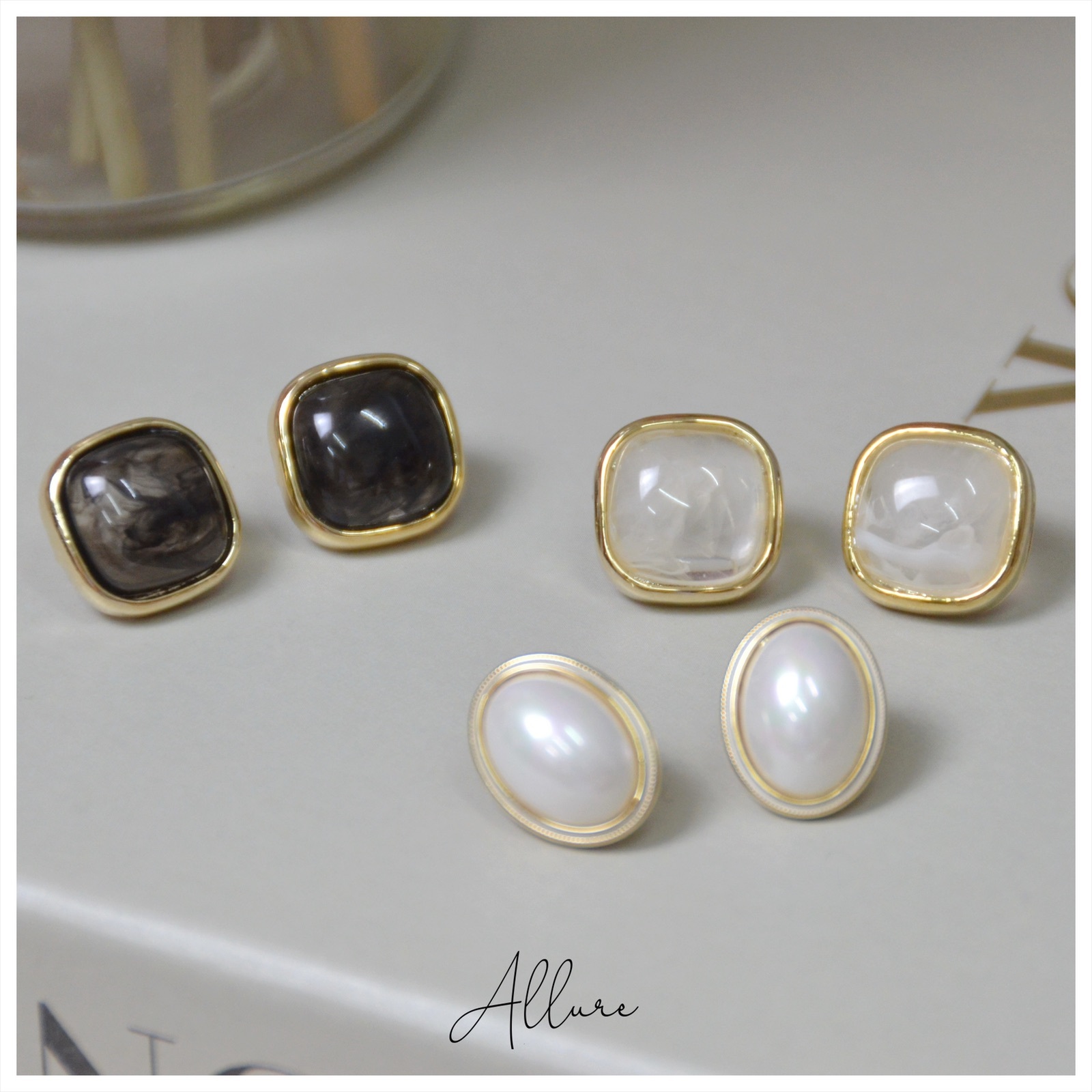 肆玥xAllure氣質 簡約 橢圓珍珠 大理石紋 方型 造型 耳環