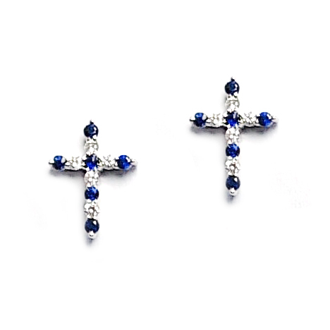 18K白金天然鑽石藍寶石十字架耳環