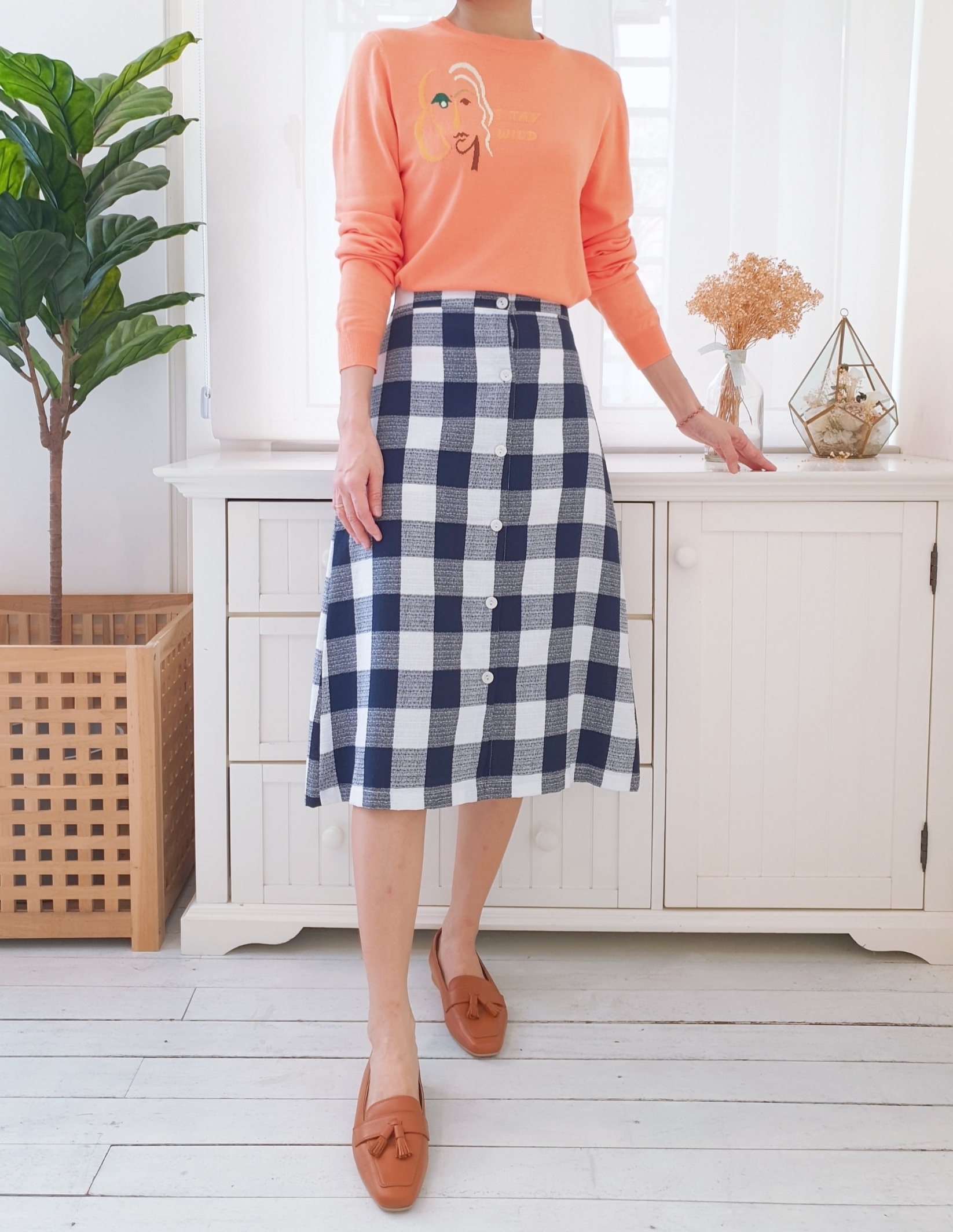 PLAID HIGH WAIST BUTTON PENCIL SKIRT