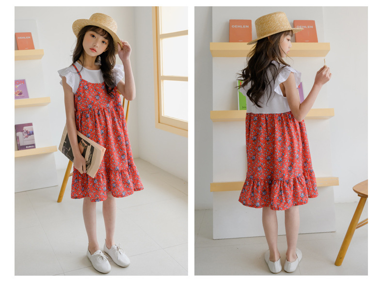 假兩件荷葉袖細肩帶碎花洋裝