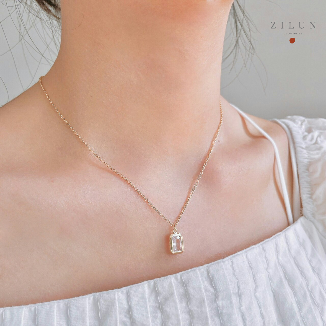 │輕奢│簡約方塊 • 切面晶透白鋯石 • 項鍊 • 美國14K注金 • 14kgf