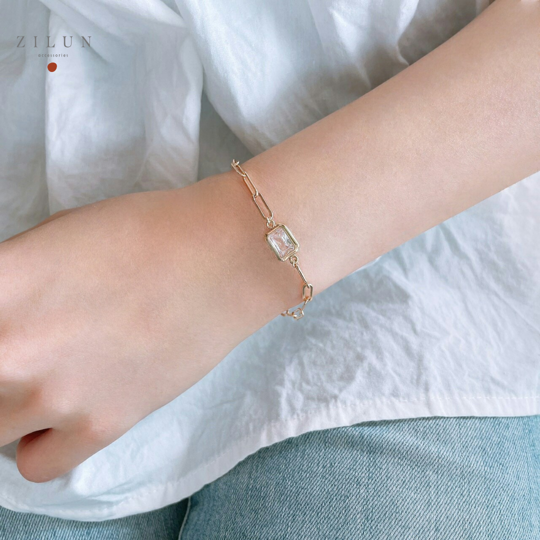 │輕奢│簡約方塊 • 切面晶透白鋯石 • 手鍊 • 美國14K注金 • 14kgf