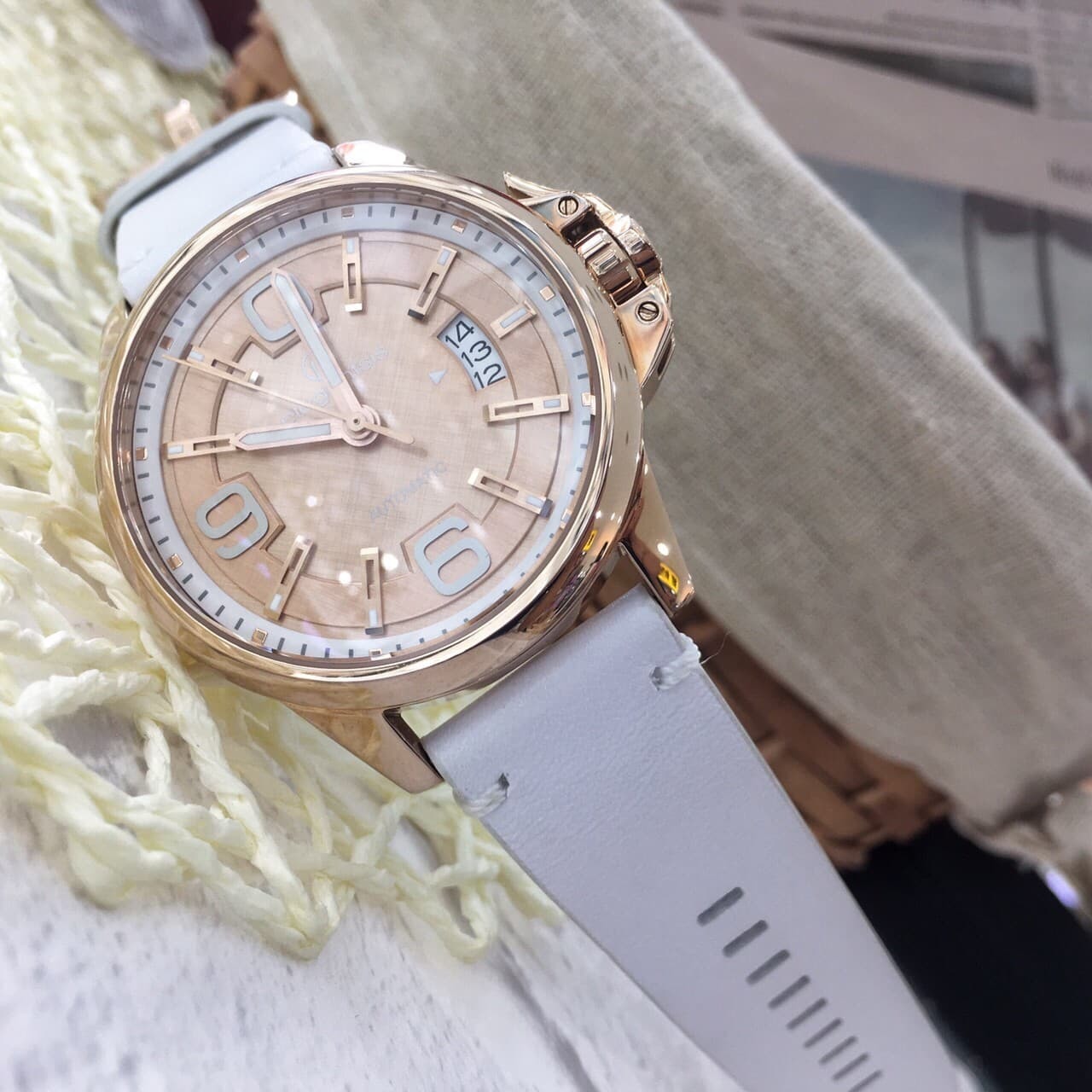 【elegantsis】JT55A 復古潮流機械腕錶-玫塊金x白 ELJT55A-NR04LC 44mm 現代鐘錶