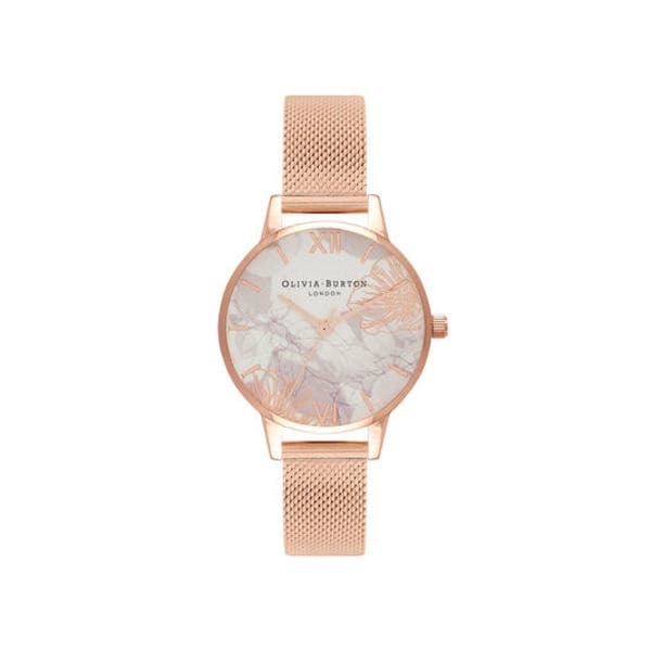 【OLIVIA BURTON】 花繪玫瑰金色腕錶  OB16VM11  30mm 現代鐘錶