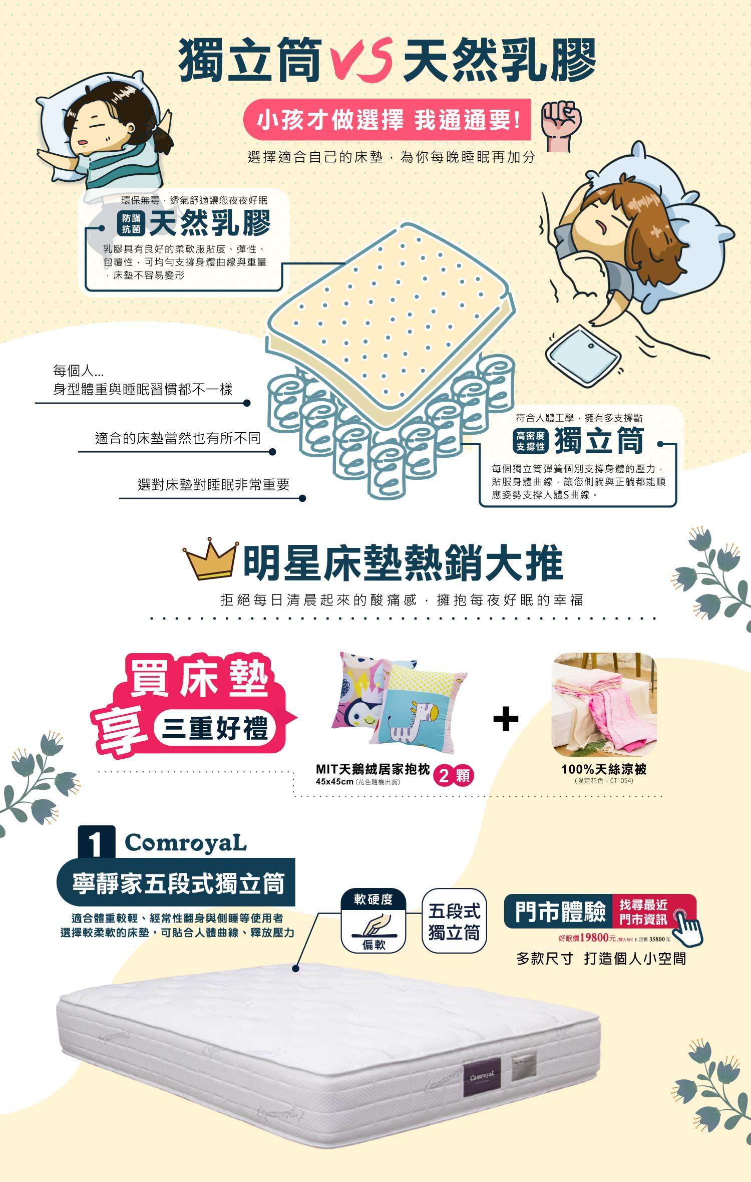 康渼寢具年中慶，買床墊送天絲涼被+抱枕。