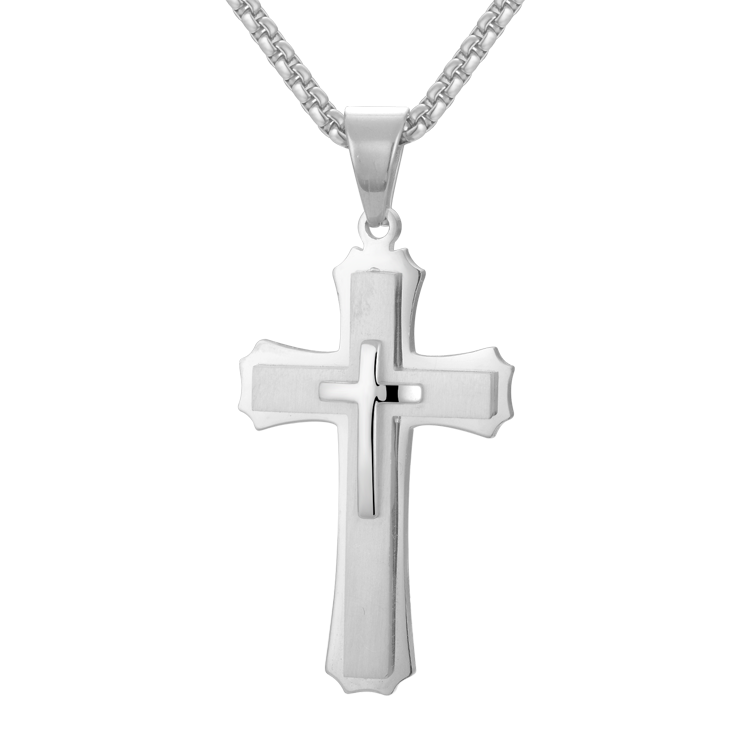 白鋼項鍊，男士項鍊 美式潮品十字架項鍊（9122銀色）