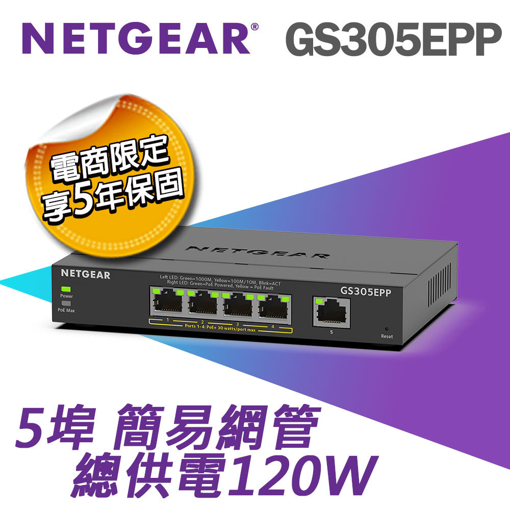 【電商限定】NETGEAR GS305EPP 5埠 Gigabit PoE+ 簡易網管交換器 總PoE瓦數 120W