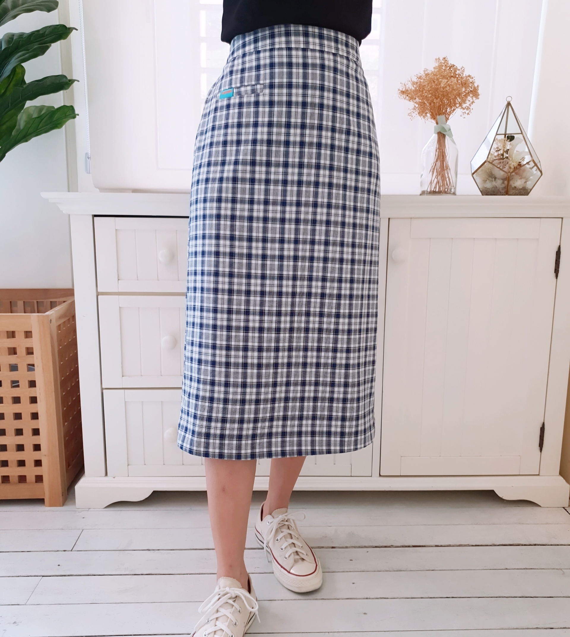HIGH WAIST VINTAGE PLAID ALINE MIDI SKIRT