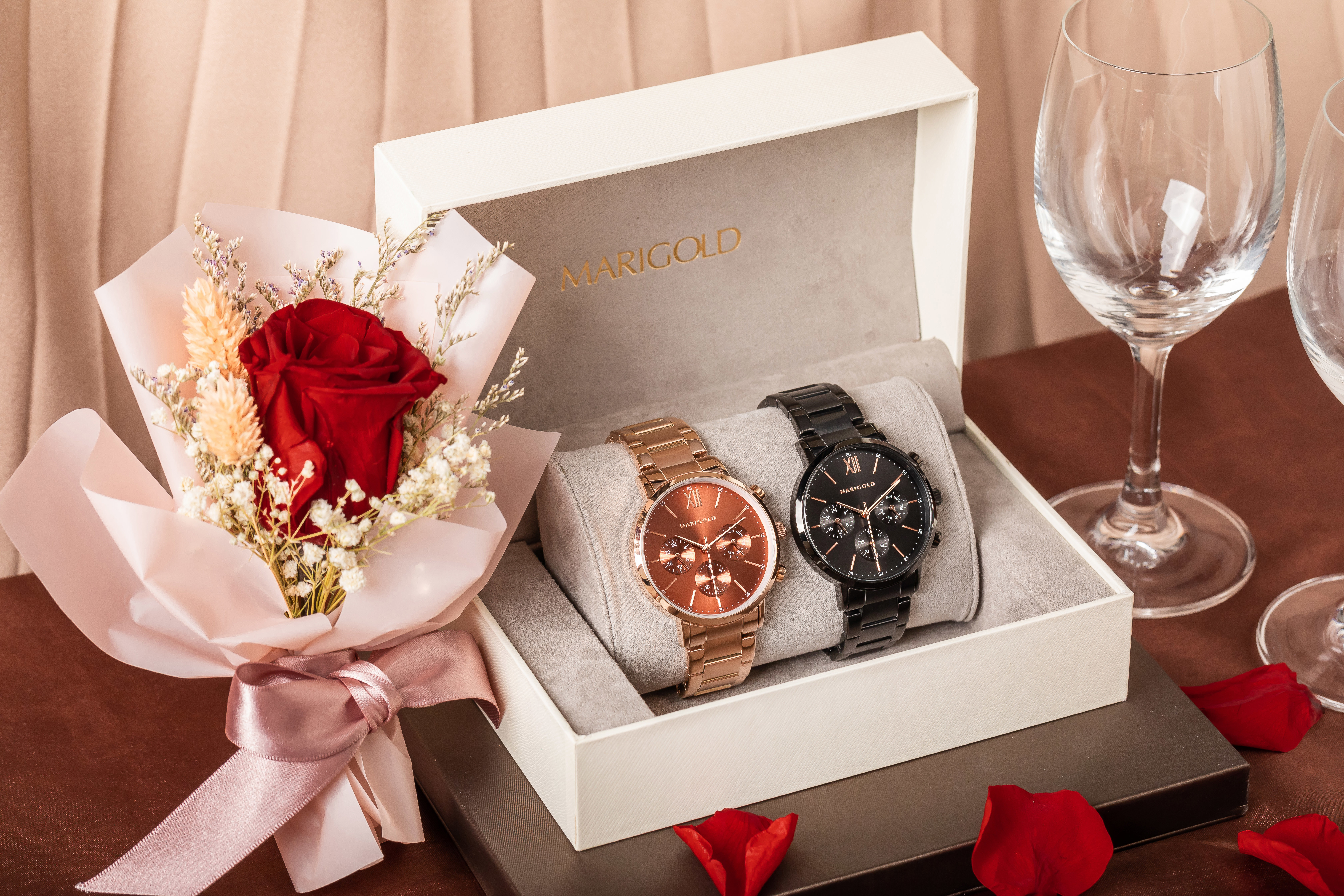 【共創未來期】七夕永生花情侶對錶禮盒-Sparkling酒紅面-鍊帶玫金+黑面-鍊帶黑