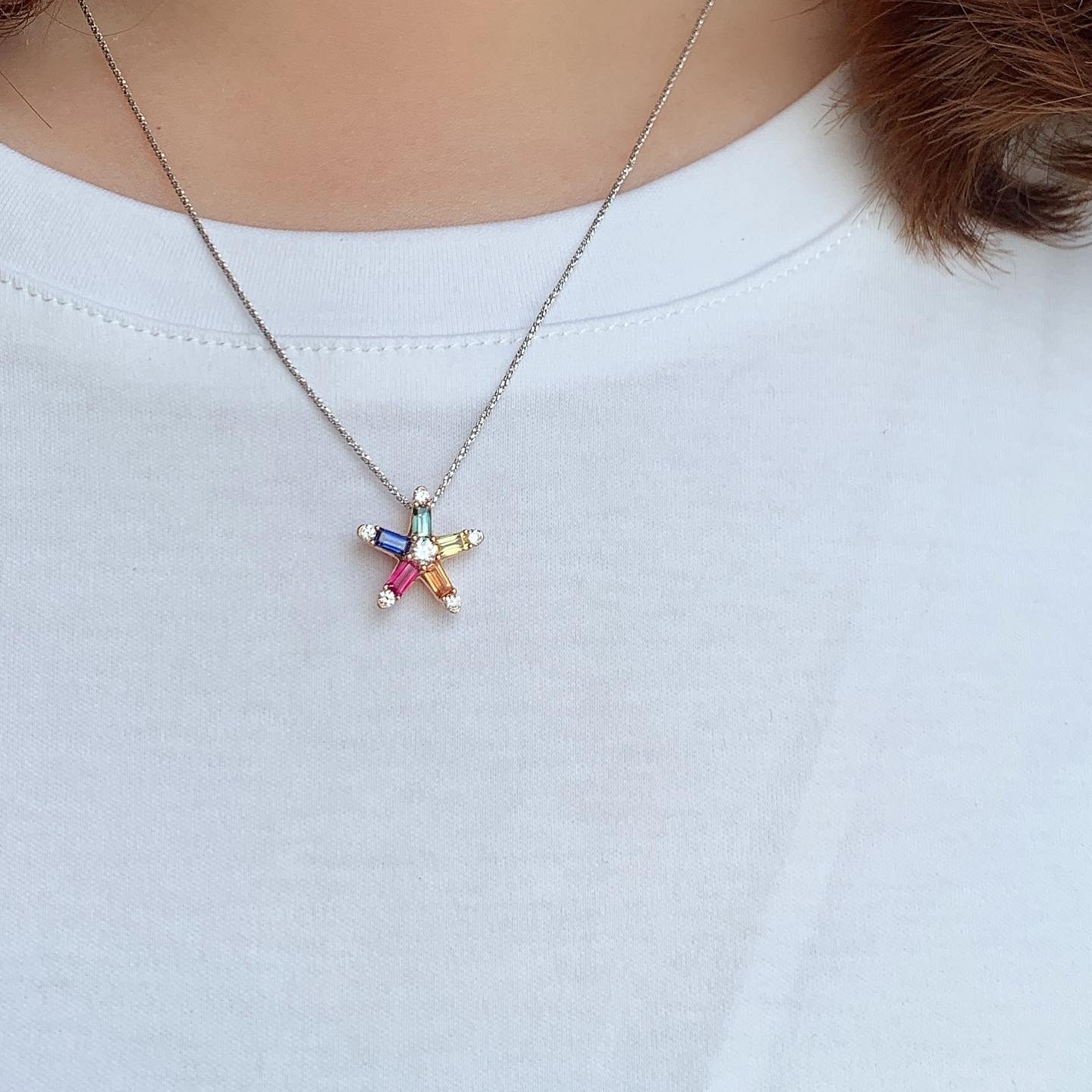 18K金彩虹藍寶石鑽石吊墜-星形