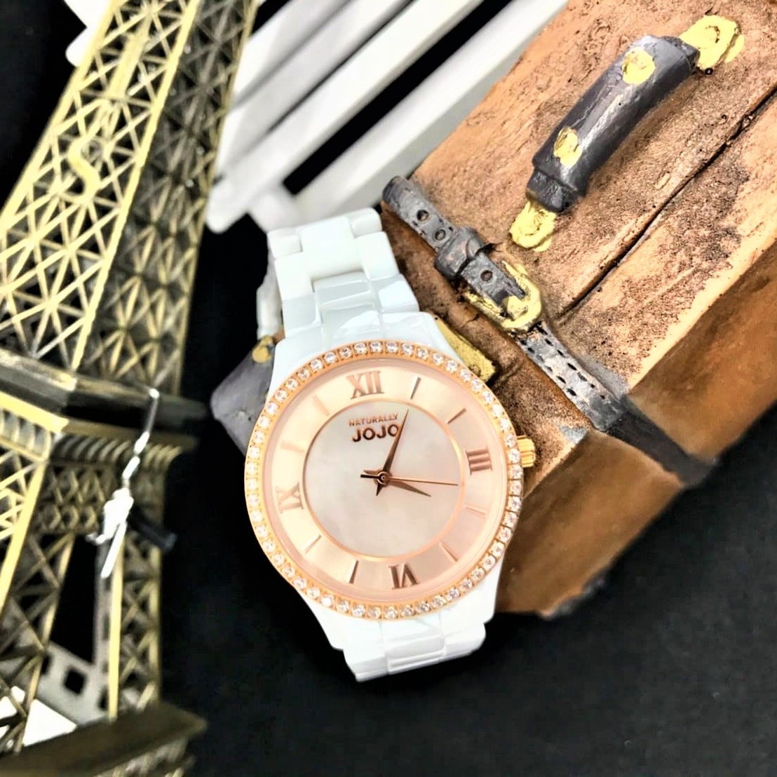 【NATURALLY JOJO】優雅晶鑽珍珠貝陶瓷腕錶 JO96929-13R 30mm 現代鐘錶