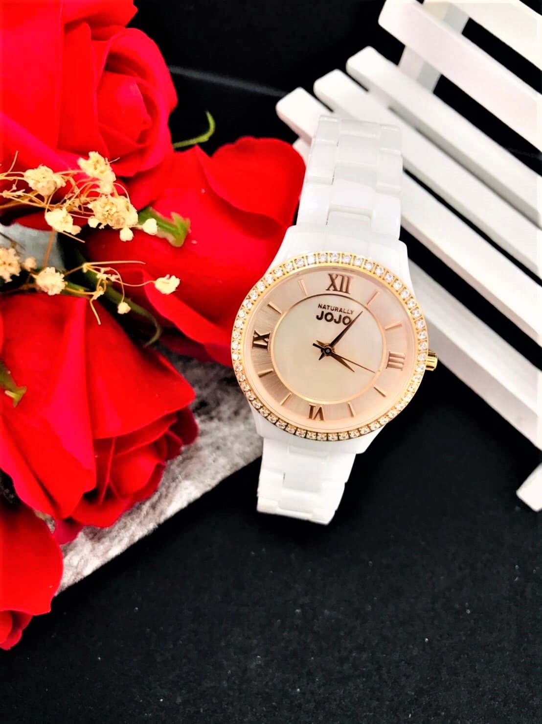【NATURALLY JOJO】優雅晶鑽珍珠貝陶瓷腕錶 JO96929-13R 30mm 現代鐘錶