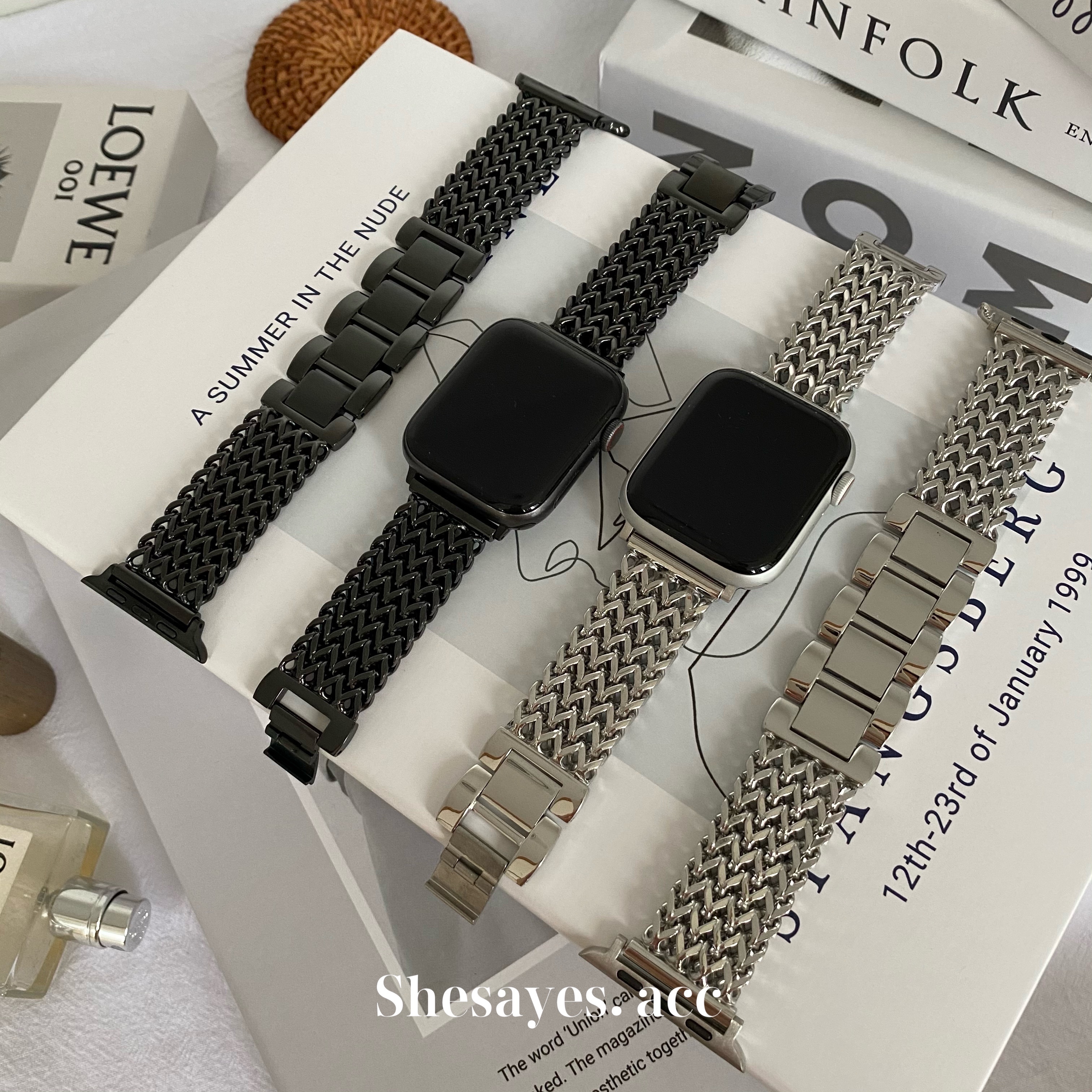 APPLE WATCH不鏽鋼質感編織錶帶[銀色/黑色]