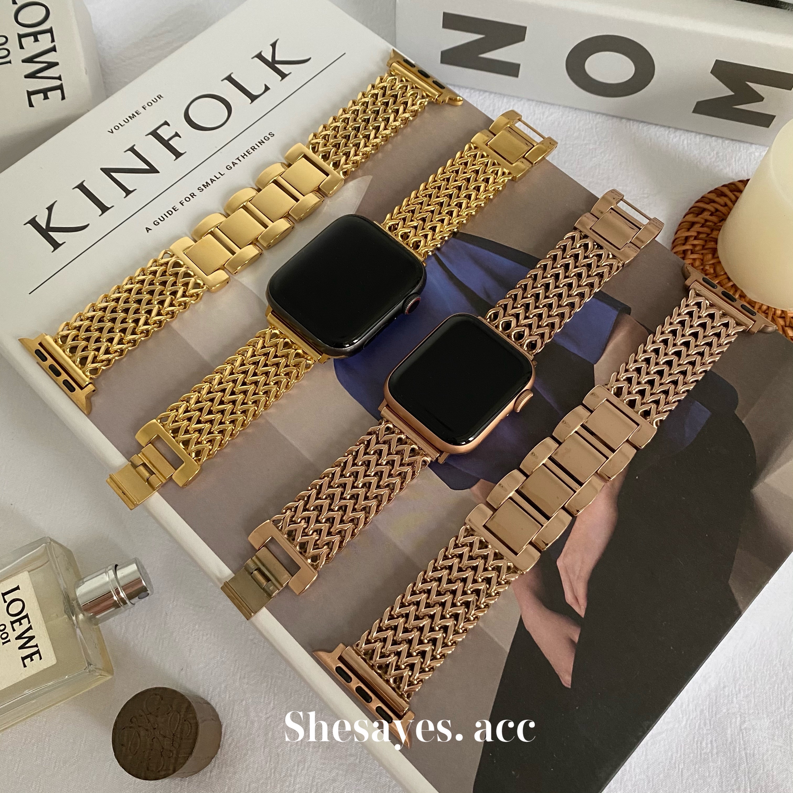 APPLE WATCH不鏽鋼質感編織錶帶[金色/玫瑰金]