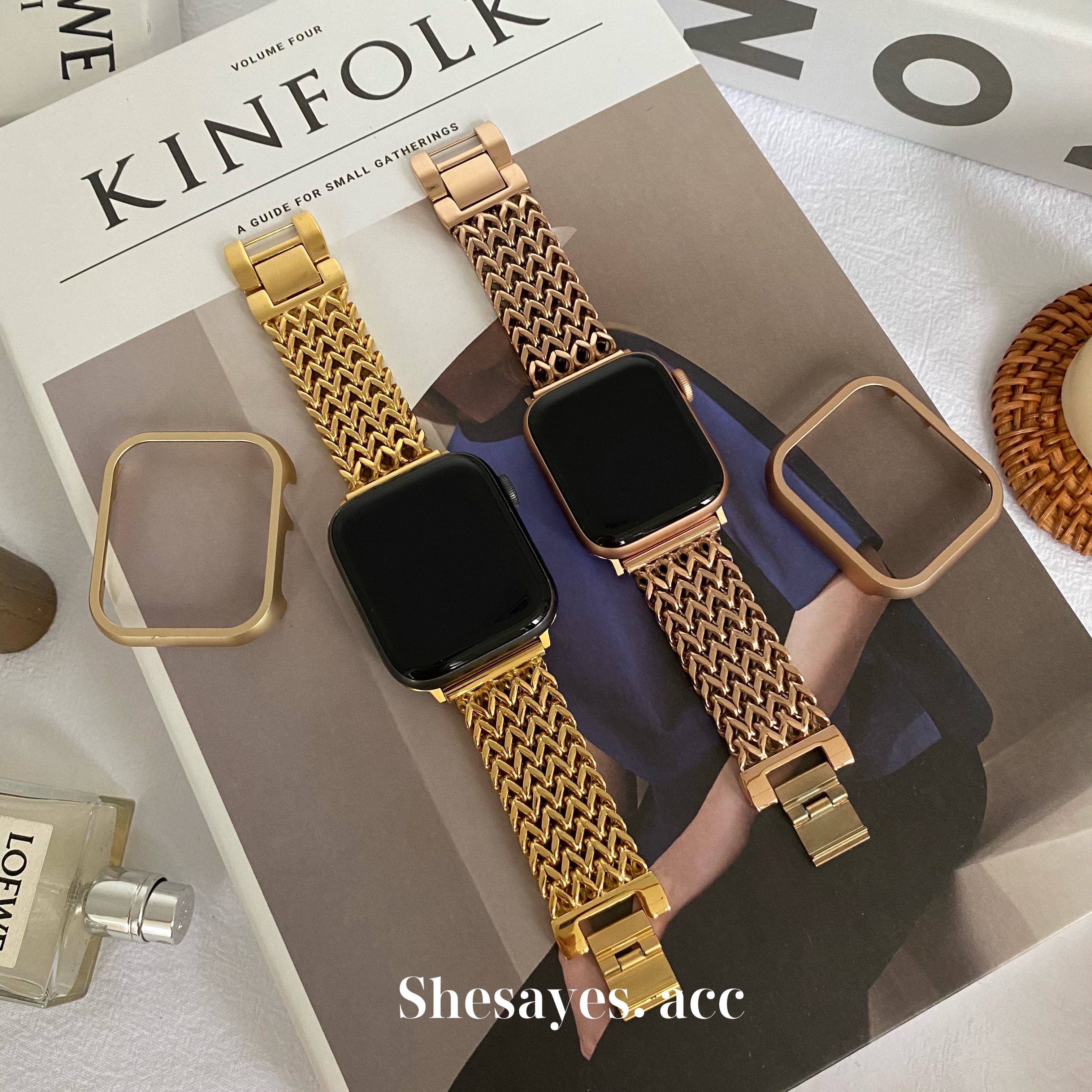 APPLE WATCH不鏽鋼質感編織錶帶[金色/玫瑰金]