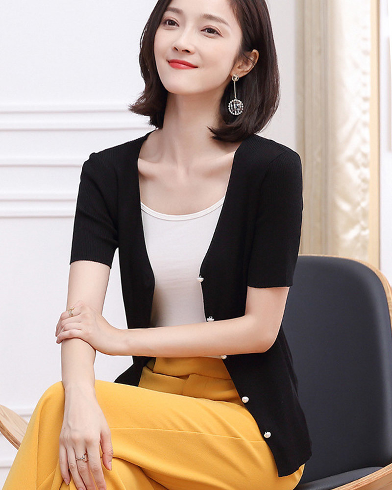 DEER.W 珠釦羅紋針織上衣外套 黑色