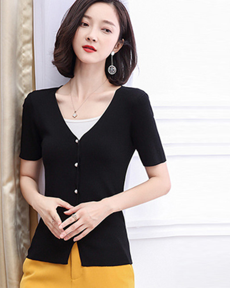 DEER.W 珠釦羅紋針織上衣外套 黑色