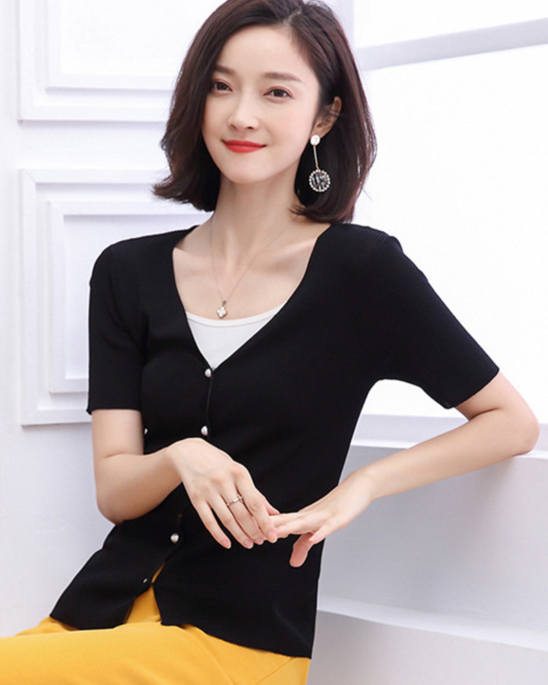 DEER.W 珠釦羅紋針織上衣外套 黑色