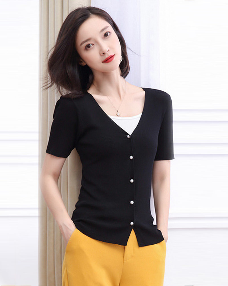 DEER.W 珠釦羅紋針織上衣外套 黑色