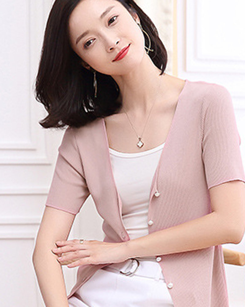 DEER.W 珠釦羅紋針織上衣外套 粉色