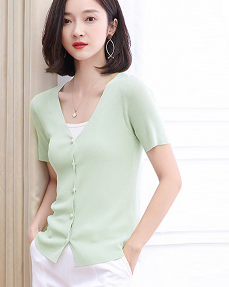 DEER.W 珠釦羅紋針織上衣外套 綠色