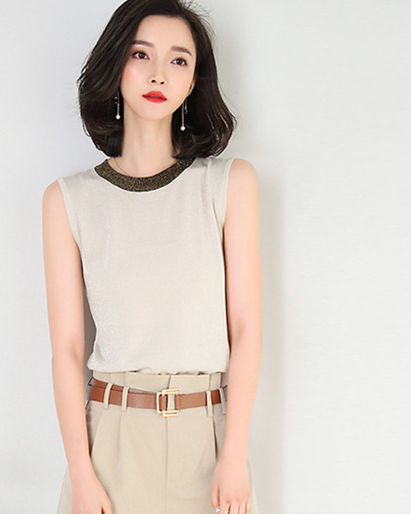 杏S【零碼出清不退換】配色圓領無袖針織上衣