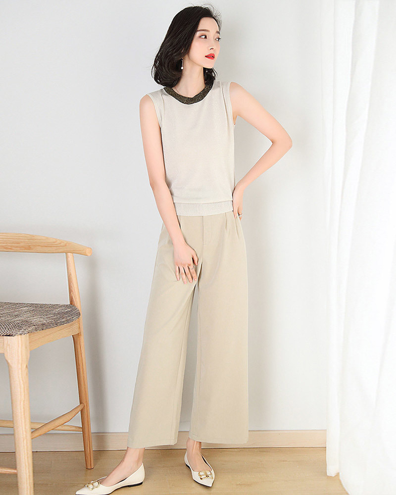 DEER.W 配色圓領無袖針織上衣 杏色