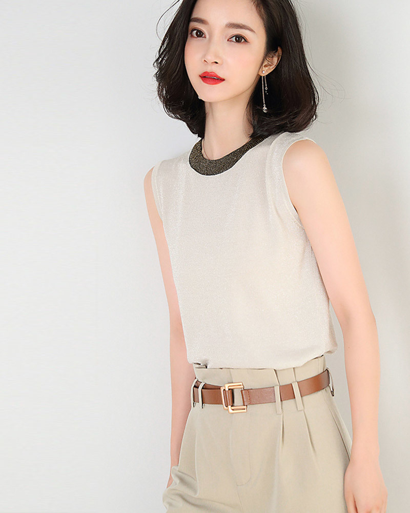 DEER.W 配色圓領無袖針織上衣 杏色