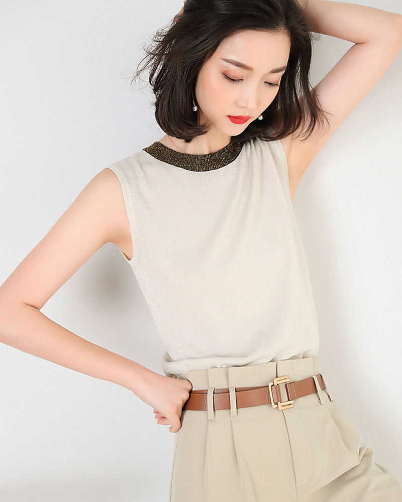 DEER.W 配色圓領無袖針織上衣 杏色