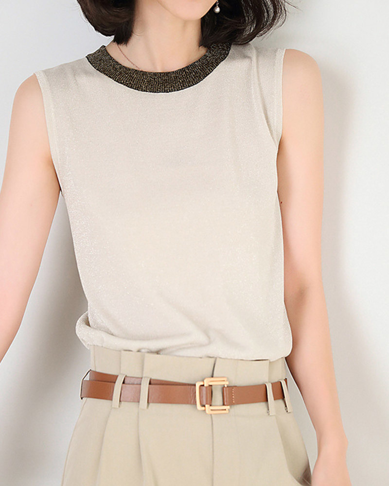 DEER.W 配色圓領無袖針織上衣 杏色