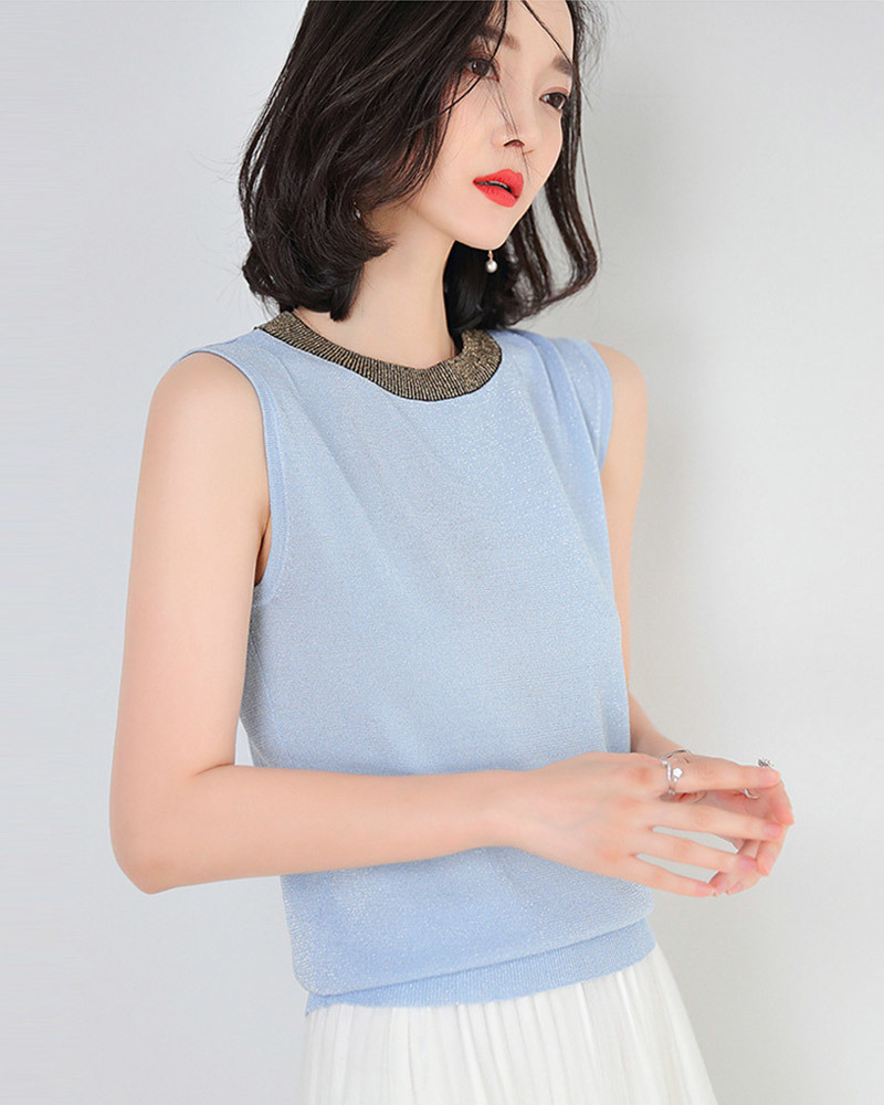 DEER.W 配色圓領無袖針織上衣 藍色