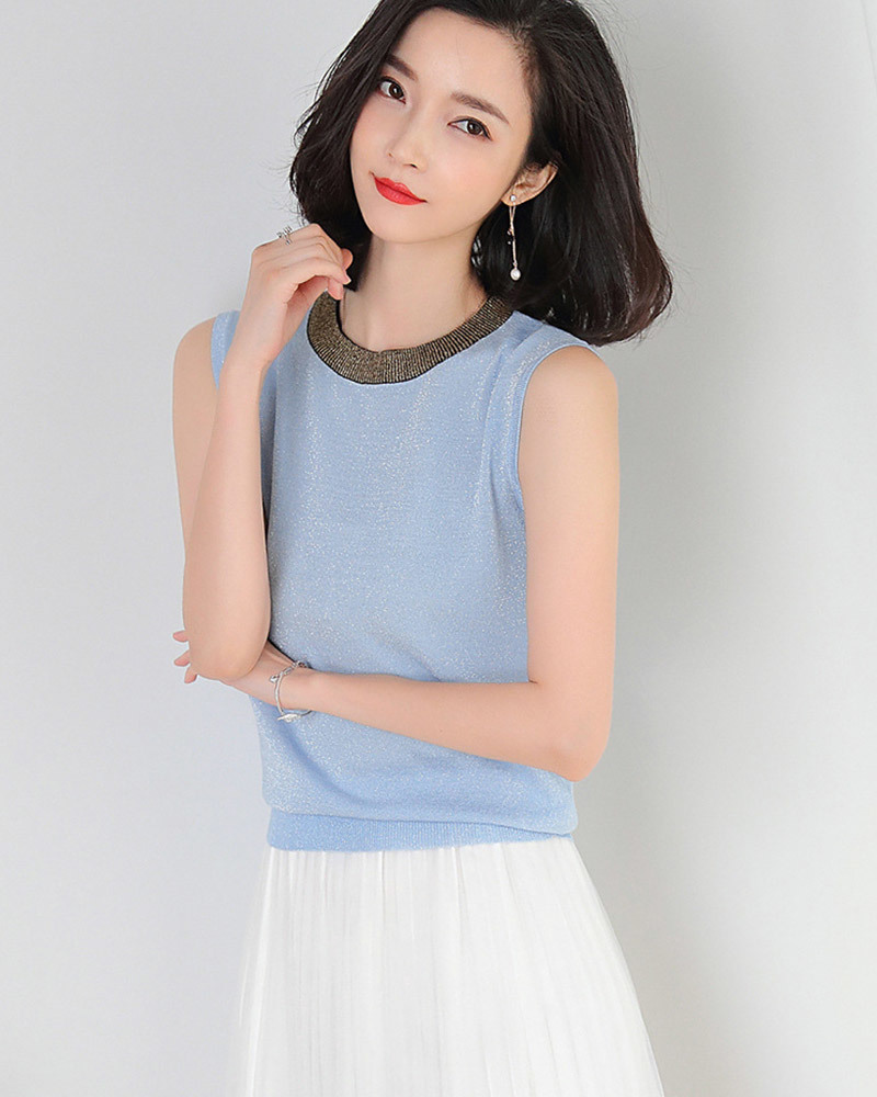 DEER.W 配色圓領無袖針織上衣 藍色